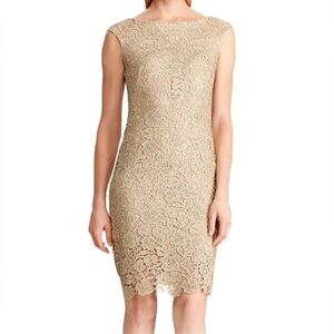 Lauren Ralph Lauren Lace Sheath Dress Size 10 Champagne & Silver Metallic NWT